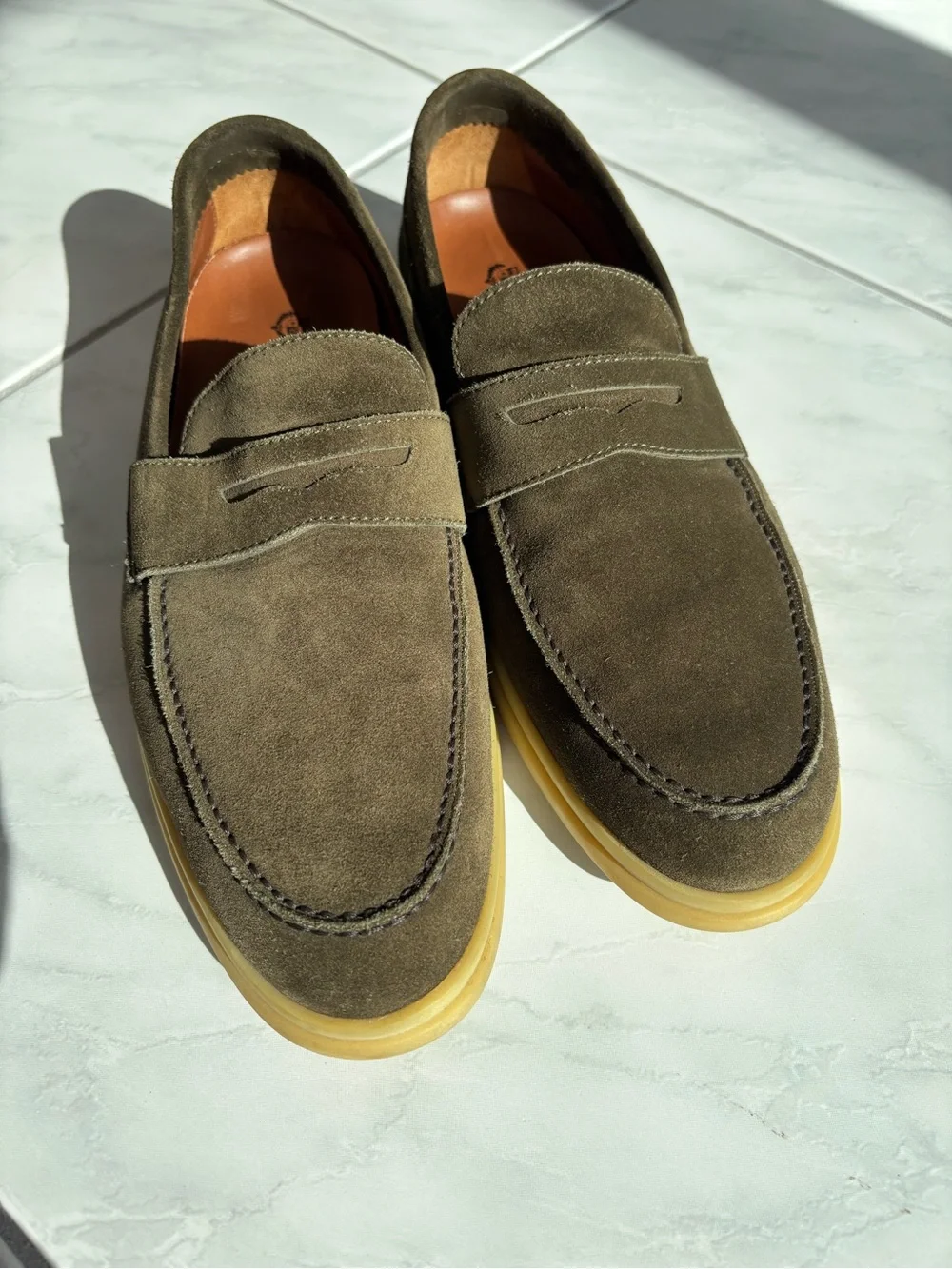 Loro Piana Olive Suede Penny Loafers with Gum Sole